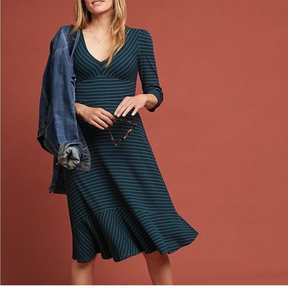 ANTHROPOLOGIE MAEVE Flores Striped Dress Green Navy Blue Size Small